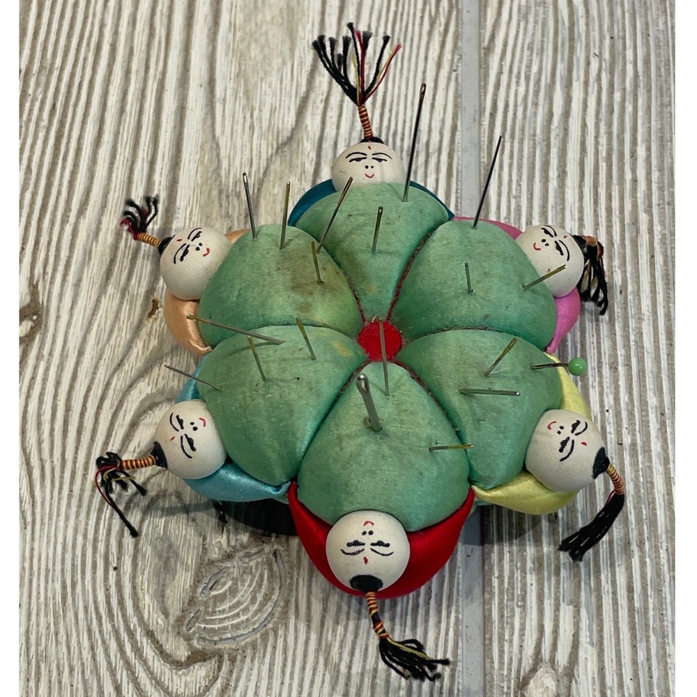 Vintage Chinese Silk Happiness Children Pincushion Multi Color Folk Art Sewing